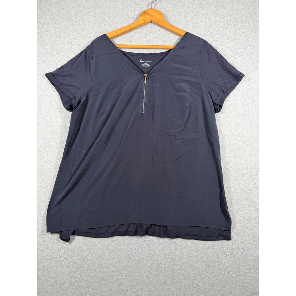 Lane Bryant Women's 18/20 Navy Zip Front V Neck Short Sleeve Blouse 0735